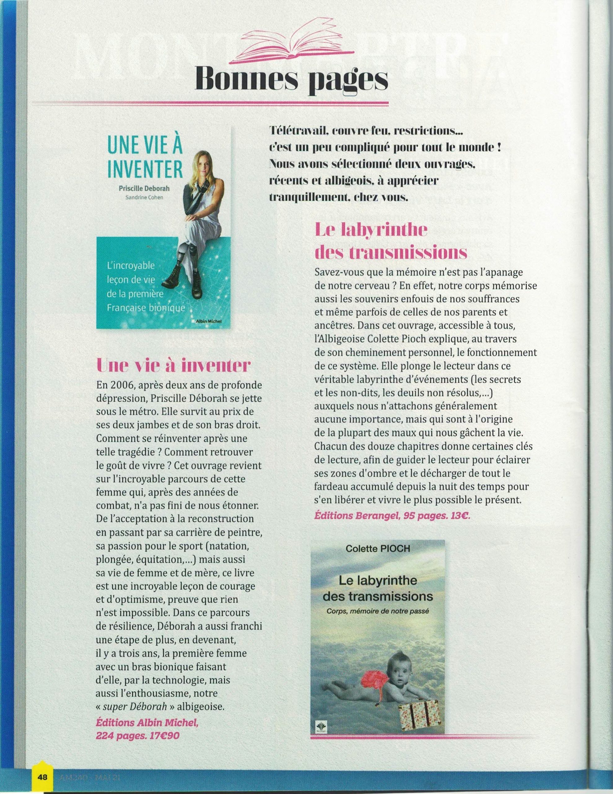 Page 48 du magazine Albimag. Bonnes pages avec un article sur le livre Le Labyrinthe des Transmissions de Colette Pioch